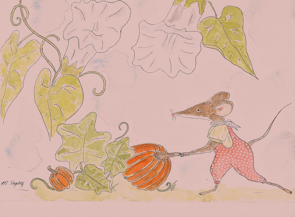 Es ist eine Ilustration von Milena Soydas. Du siehst ausgewachsene Kürbisse und Kürbisblüten, die hinter den Blättern versteckt sind. Im Vordergrund zieht ein Maus mit einem osa gepunkteten Overall und einem Schlabberlätzchen die Delikatesse hervor.